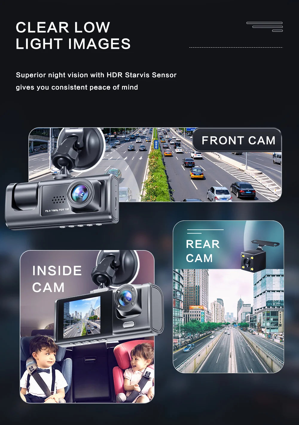 Baideluo™ 1080P Dash Cam with Night Vision &amp; Triple Lens DVR Recorder