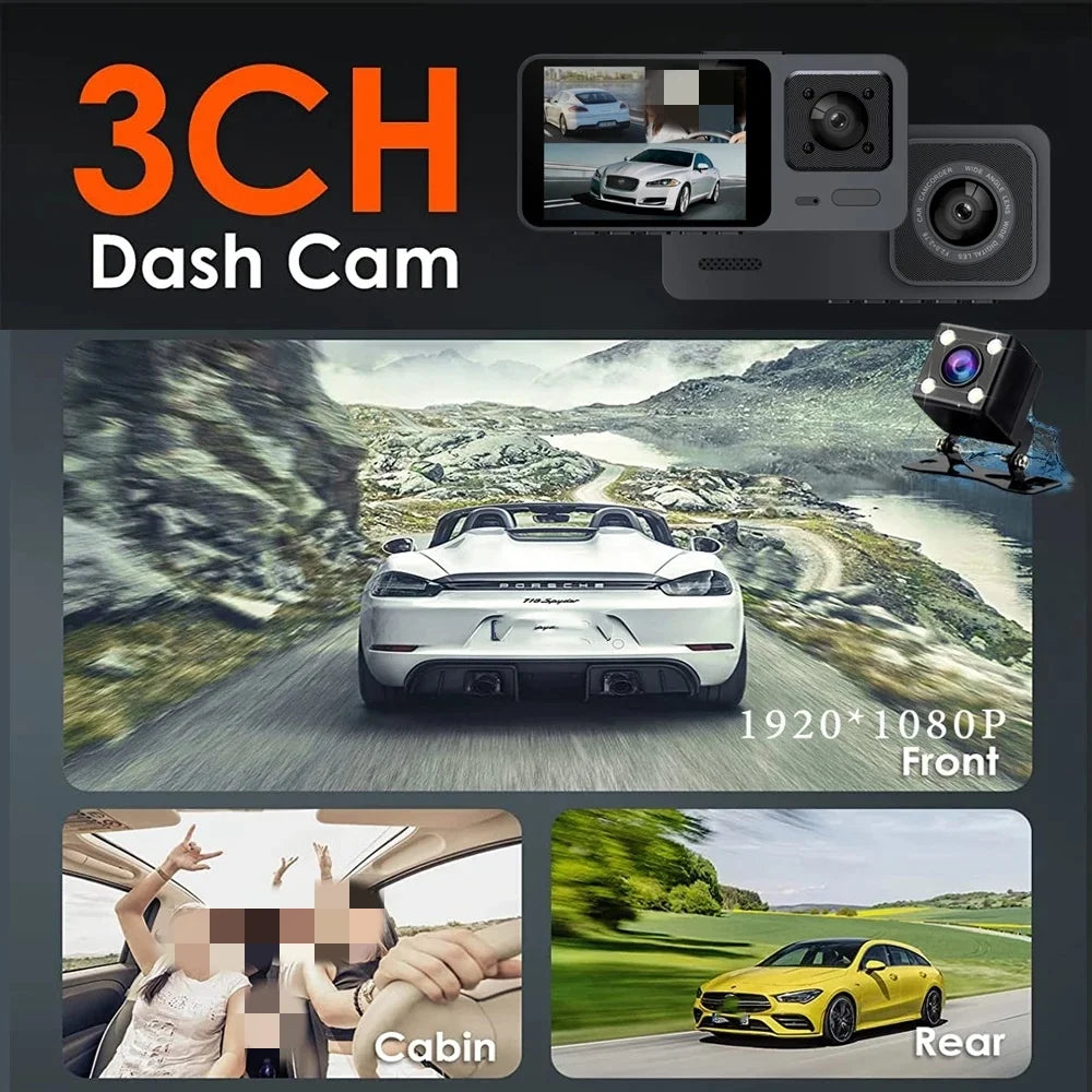 CZSKY™ Camera DVR HD 1080P 3-Lens Inside Vehicle Dash Cam, Wifi