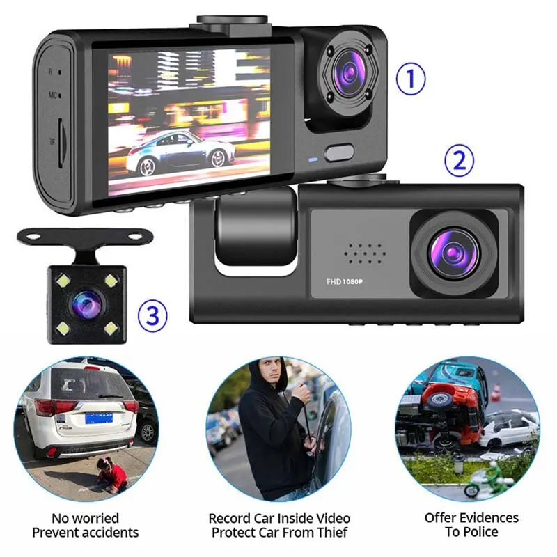 Baideluo™ 1080P Dash Cam with Night Vision &amp; Triple Lens DVR Recorder